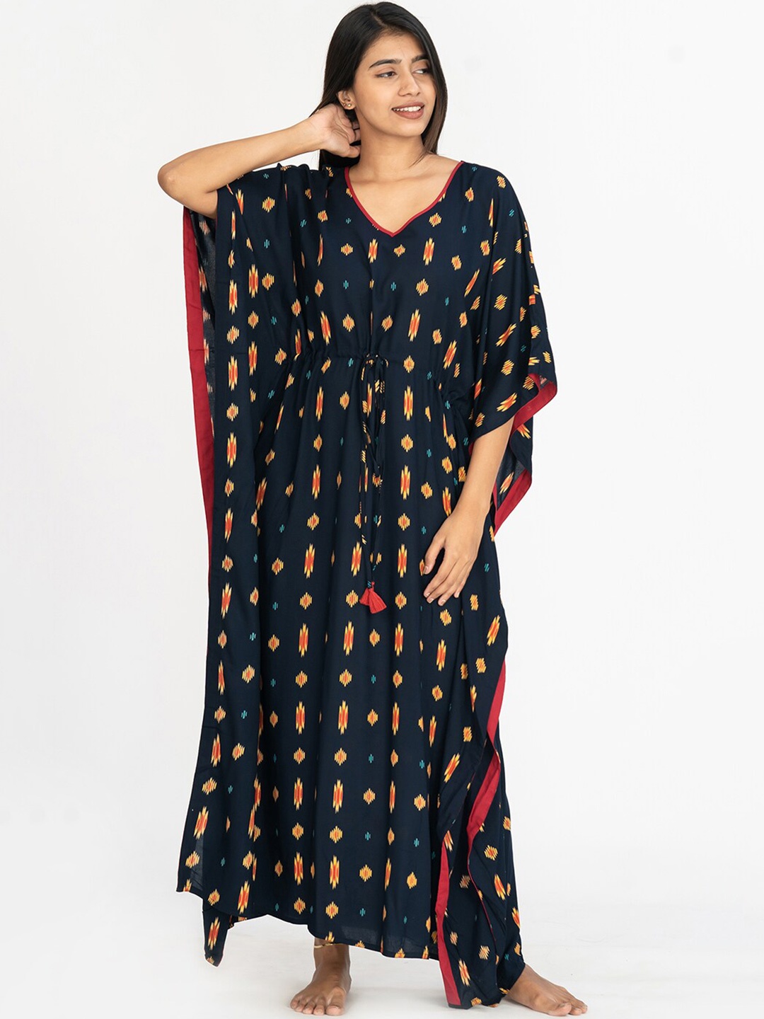 

Maybell Ethnic Motifs Printed Kaftan Nightdress, Navy blue