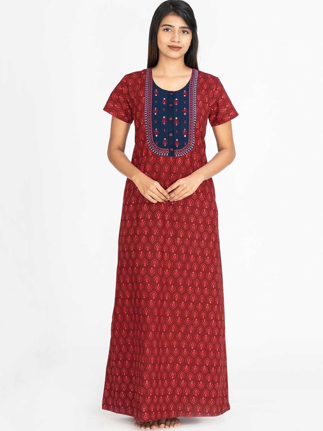 

Maybell Ethnic Motifs Printed Pure Cotton Maxi Nightdress, Red