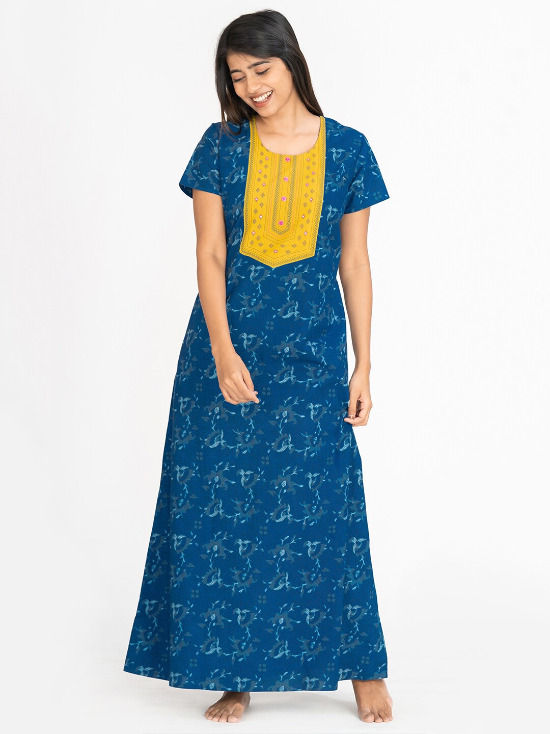 

Maybell Floral Printed Pure Cotton Maxi Nightdress, Blue