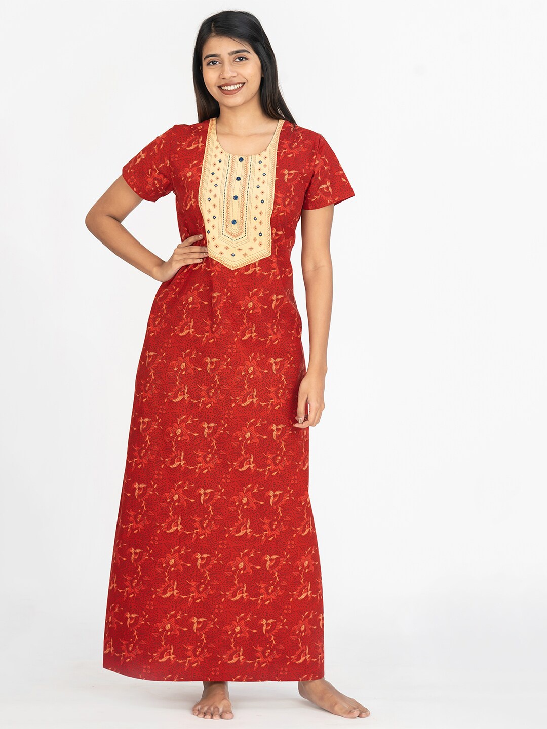 

Maybell Floral Printed Pure Cotton Maxi Nightdress, Red