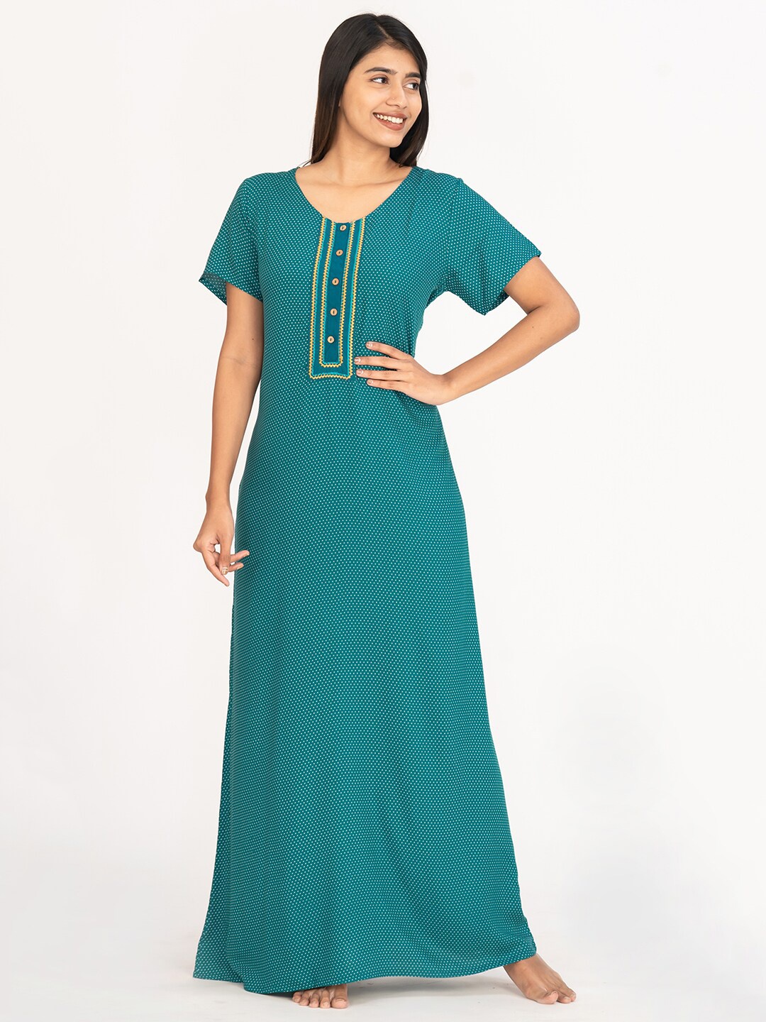 

Maybell Polka Dots Printed Maxi Nightdress, Green