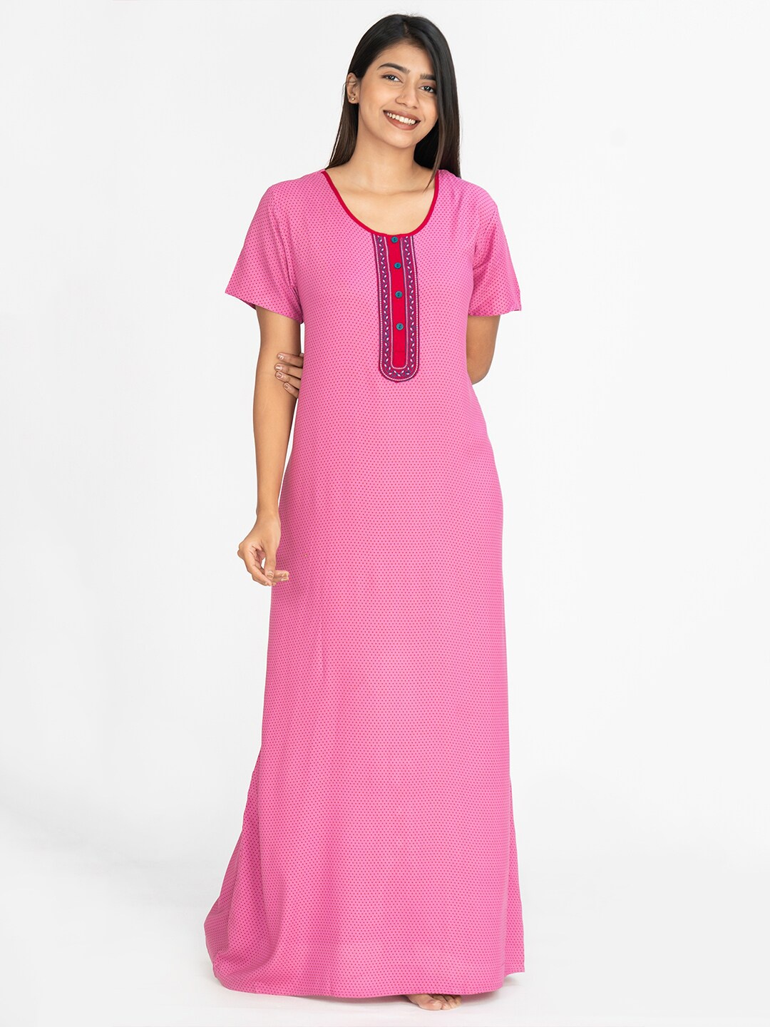 

Maybell Polka Dots Printed Maxi Nightdress, Pink