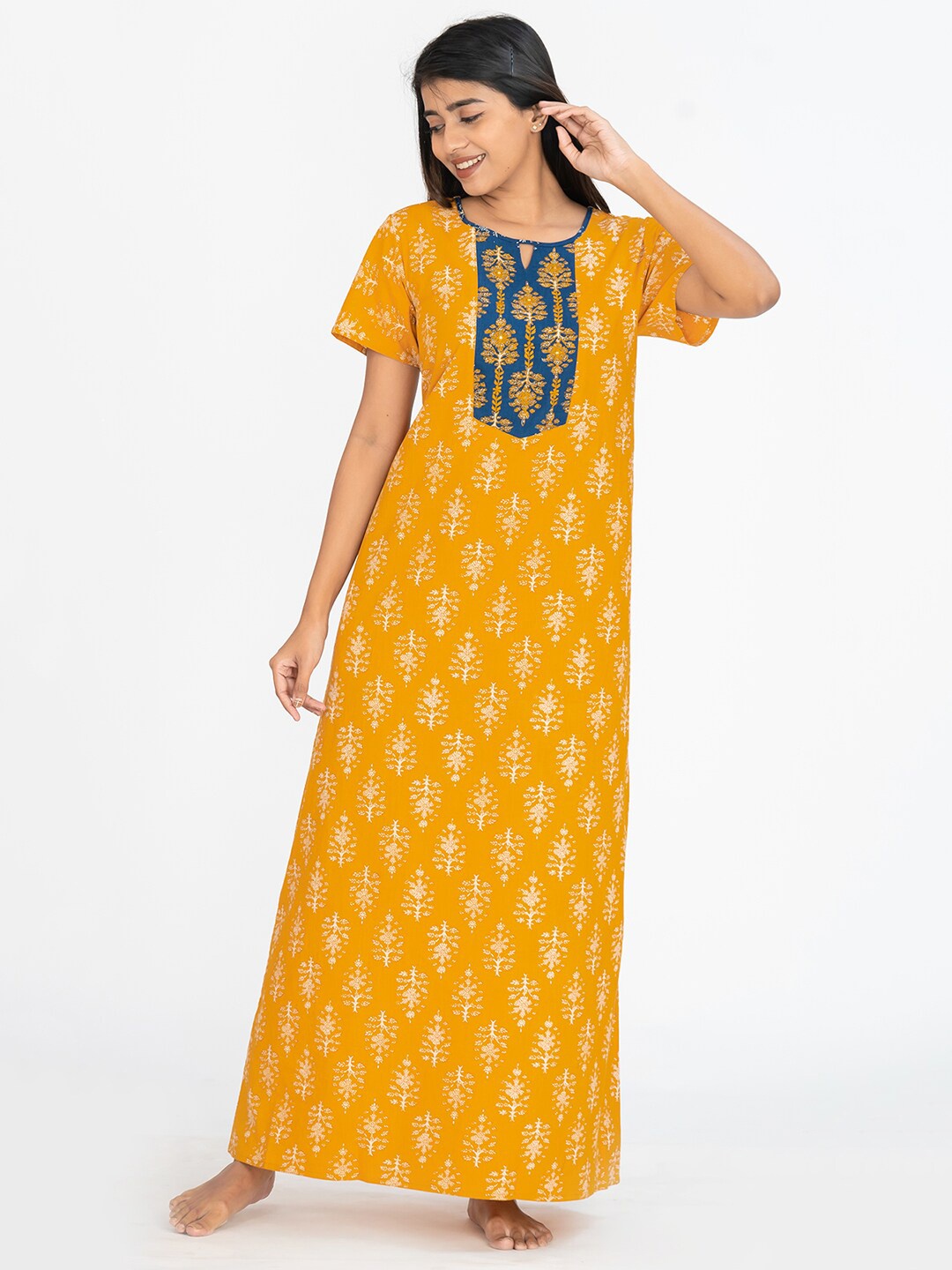 

Maybell Ethnic Motifs Printed Pure Cotton Maxi Nightdress, Yellow