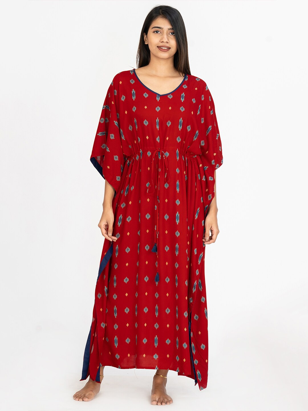 

Maybell Ethnic Motifs Printed Kaftan Nightdress, Red