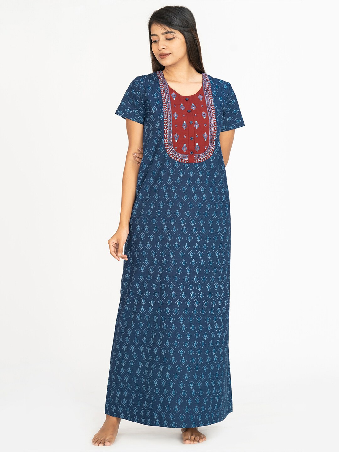 

Maybell Ethnic Motifs Printed Pure Cotton Maxi Nightdress, Blue