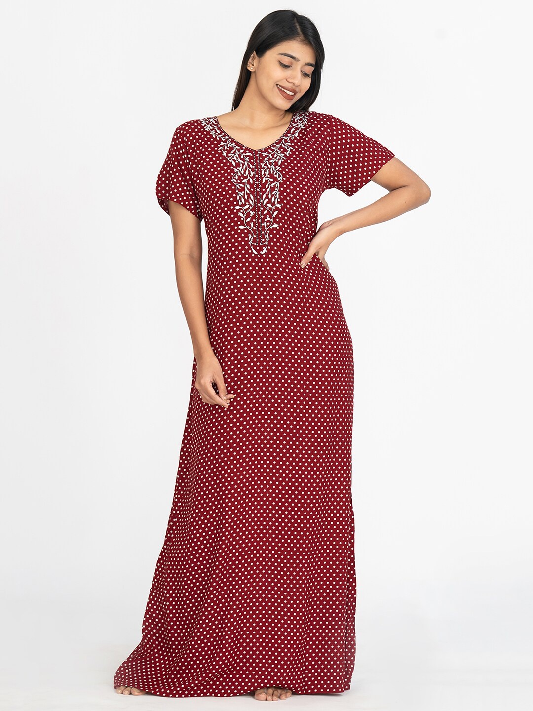 

Maybell Polka Dots Printed Maxi Nightdress, Red