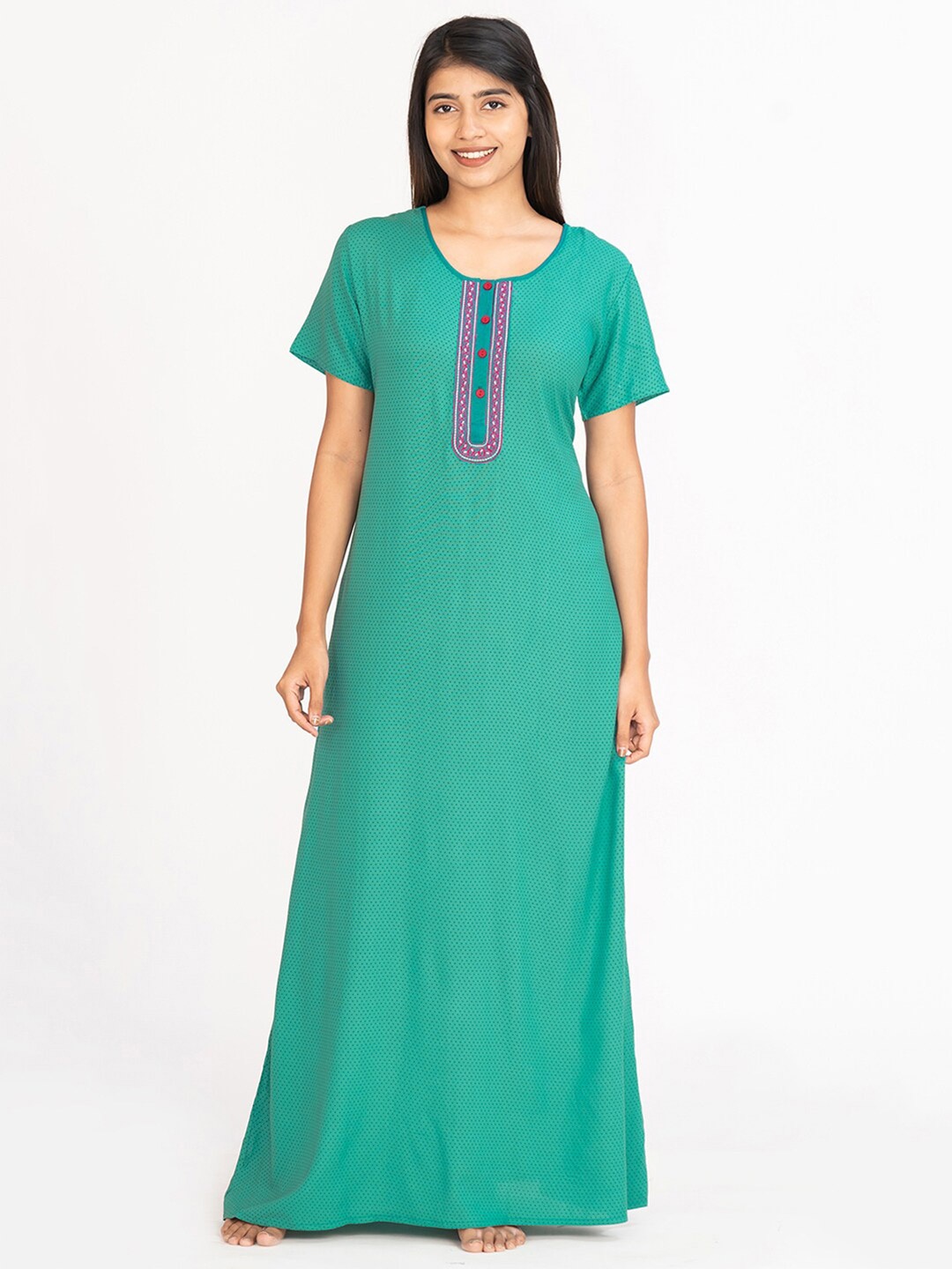 

Maybell Polka Dots Printed Maxi Nightdress, Green