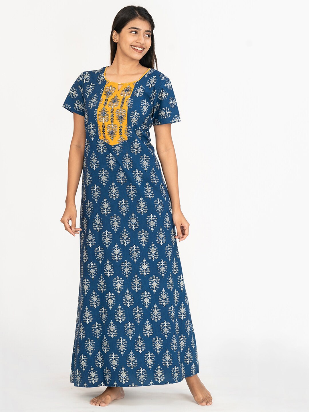 

Maybell Ethnic Motifs Printed Pure Cotton Maxi Nightdress, Blue