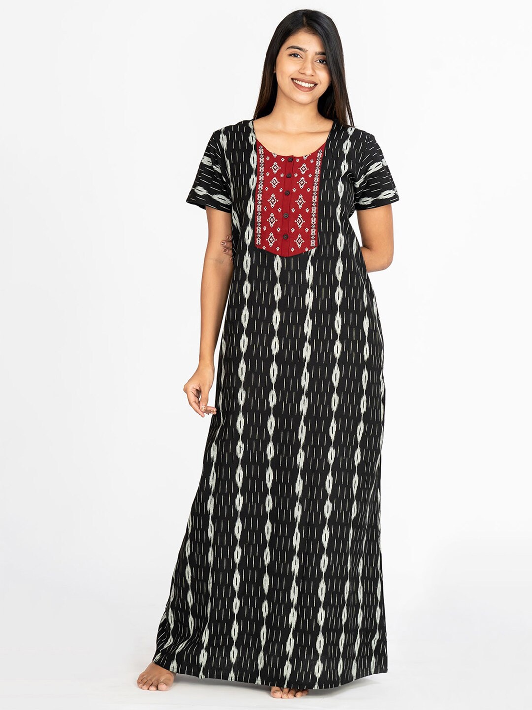 

Maybell Ethnic Motifs Printed Pure Cotton Maxi Nightdress, Black