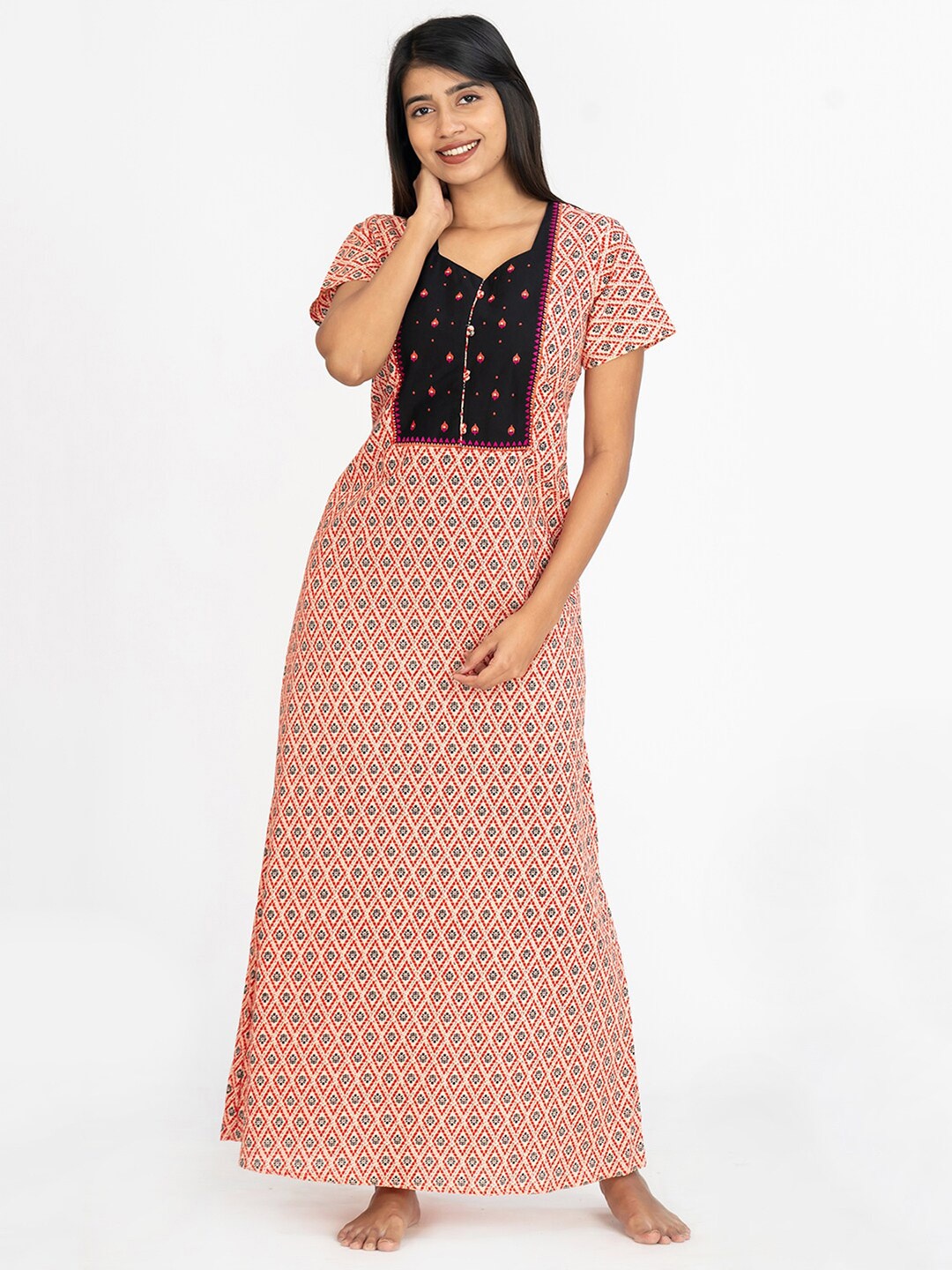 

Maybell Ethnic Motifs Printed Pure Cotton Maxi Nightdress, White