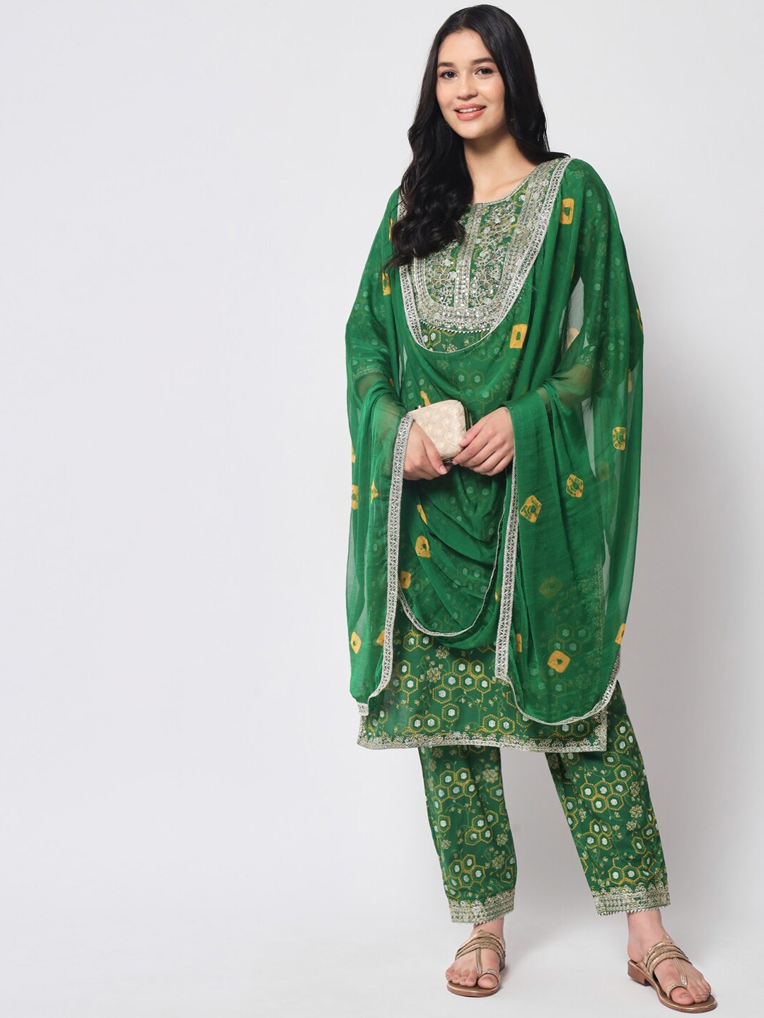 

IkDaiya Printed Thread Work A-Line Kurta with Trousers & Dupatta, Green