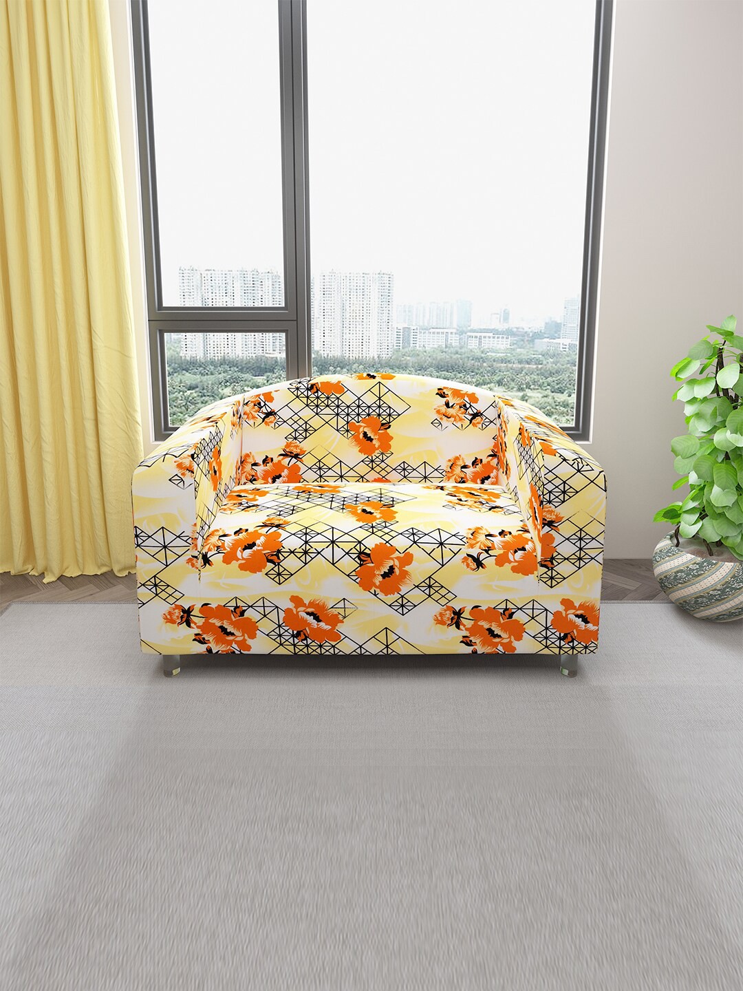

DREAM CARE Yellow & Orange Printed 2-Seater Stretchable Sofa Slipcover With Foam Sticks