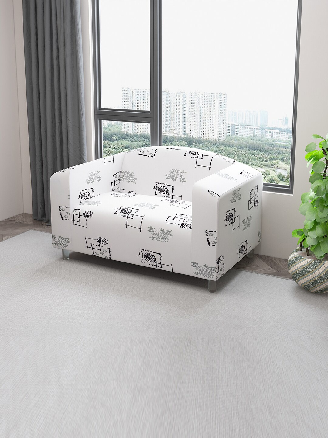 

DREAM CARE White & Grey Printed 2-Seater Stretchable Sofa Slipcover With Foam Sticks