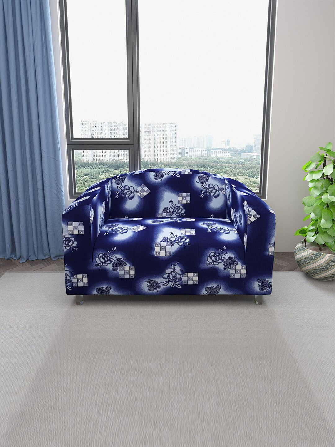

DREAM CARE Navy Blue Floral Printed Stretchable 2-Seater Sofa Cover With Anti Slip Foam Sticks