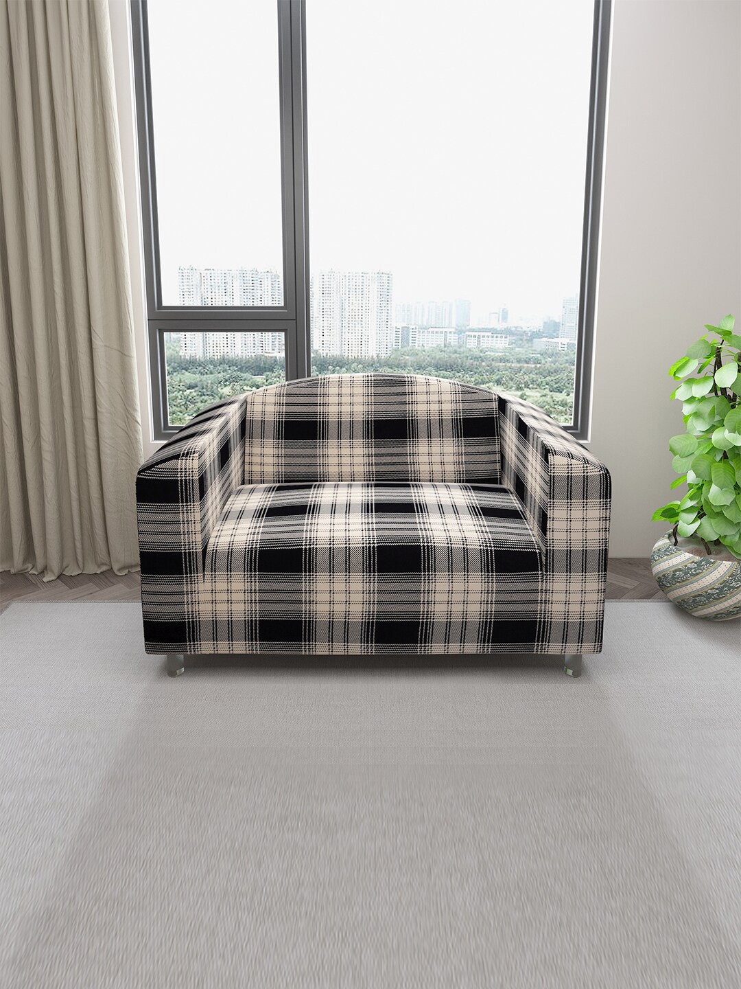 

DREAM CARE Beige & Black Checked Stretchable 2-Seater Sofa Cover With Anti Slip Foam Sticks