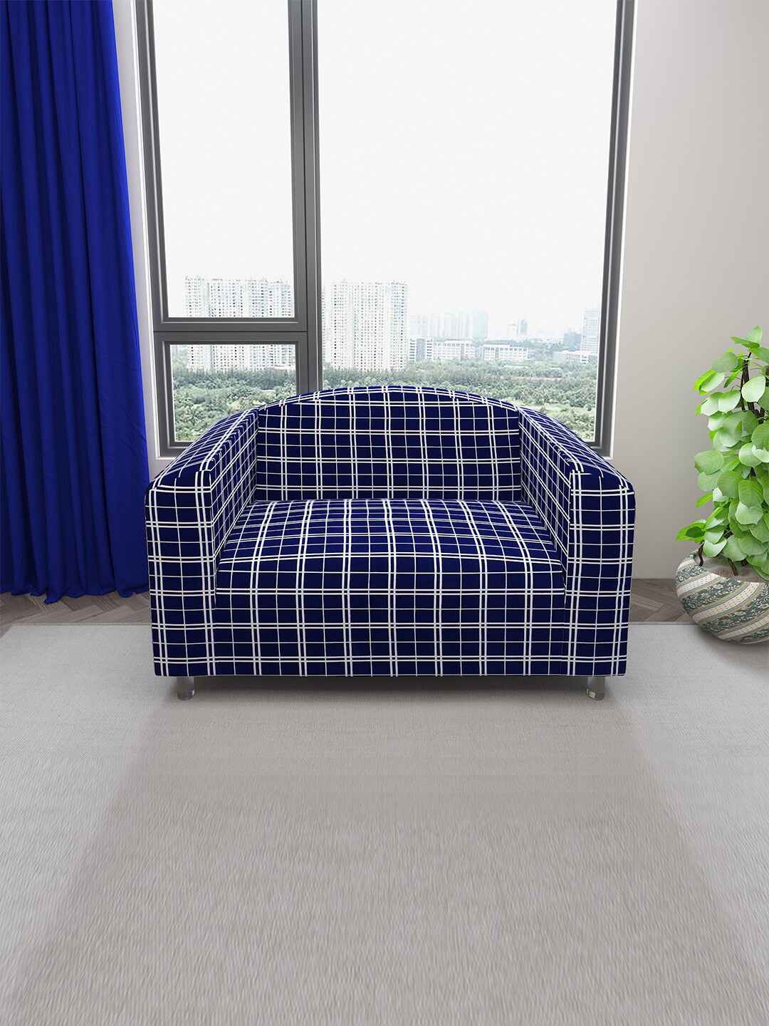 

DREAM CARE Blue & White Checked Stretchable 2-Seater Sofa Cover With Anti Slip Foam Sticks