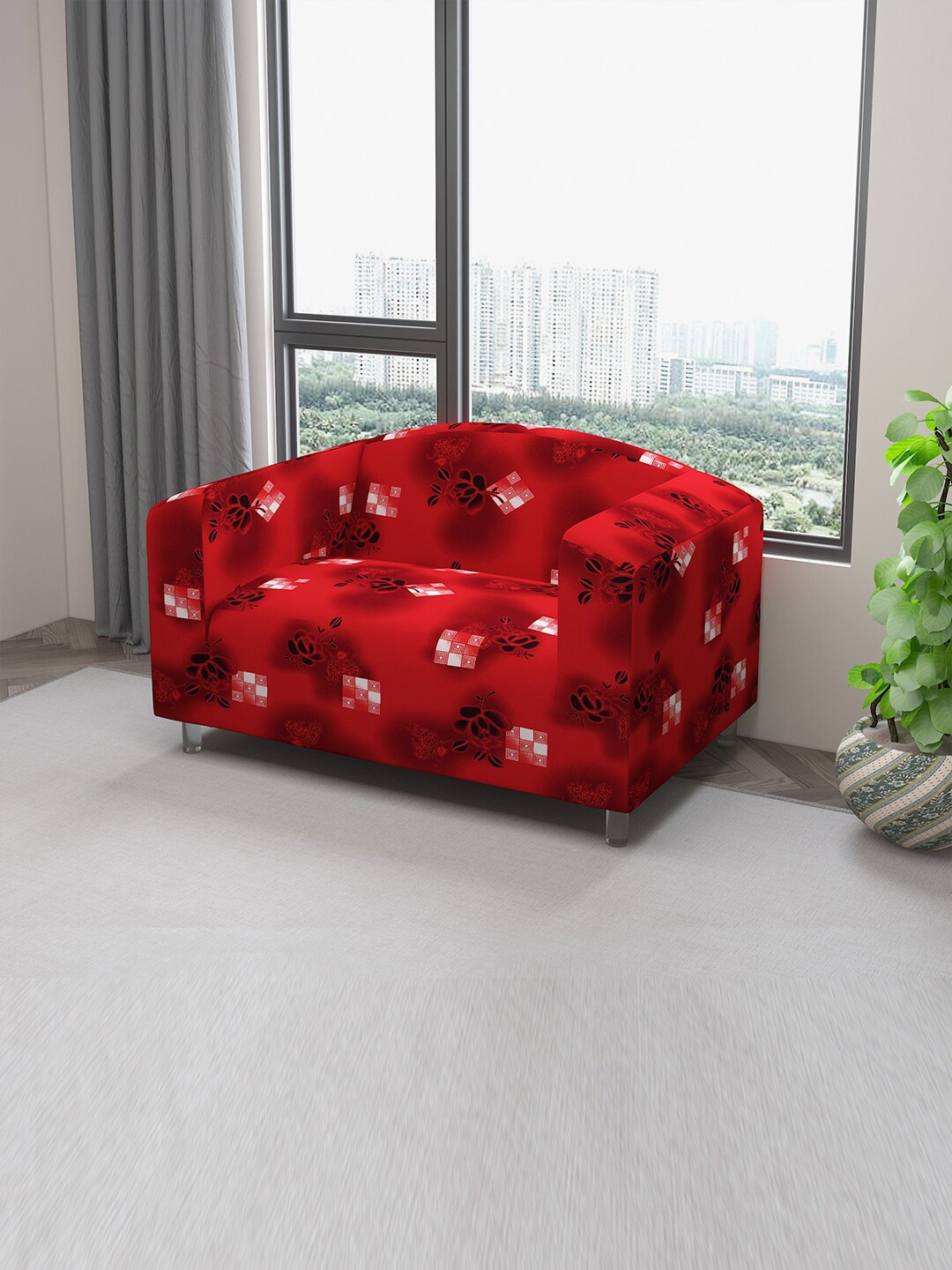 

DREAM CARE Red & Black Printed Stretchable 2-Seater Sofa Cover With Anti Slip Foam Sticks