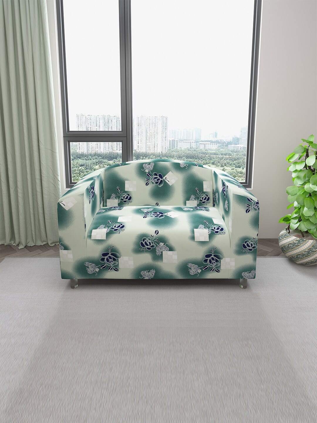

DREAM CARE Green Floral Printed Stretchable 2-Seater Sofa Cover With Anti Slip Foam Sticks