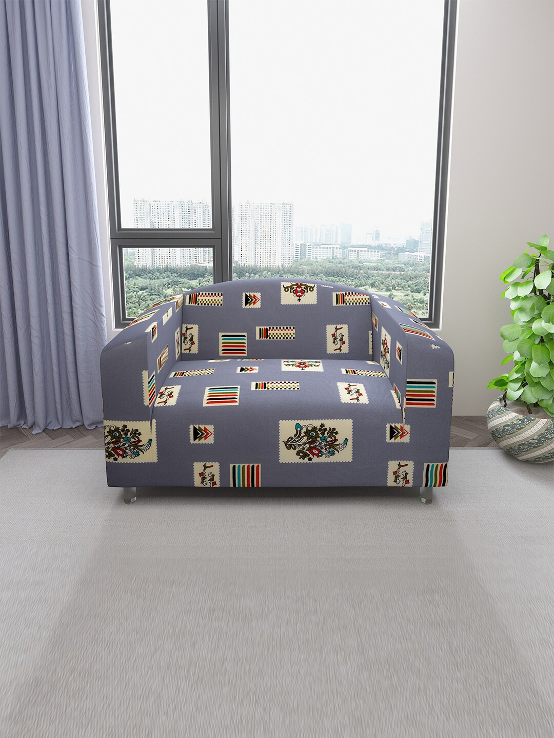 

DREAM CARE Grey & Beige Printed Stretchable 2-Seater Sofa Slipcover