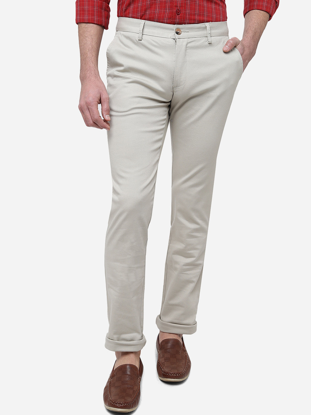

Greenfibre Men Pure Cotton Slim Fit Mid-Rise Trousers, Cream