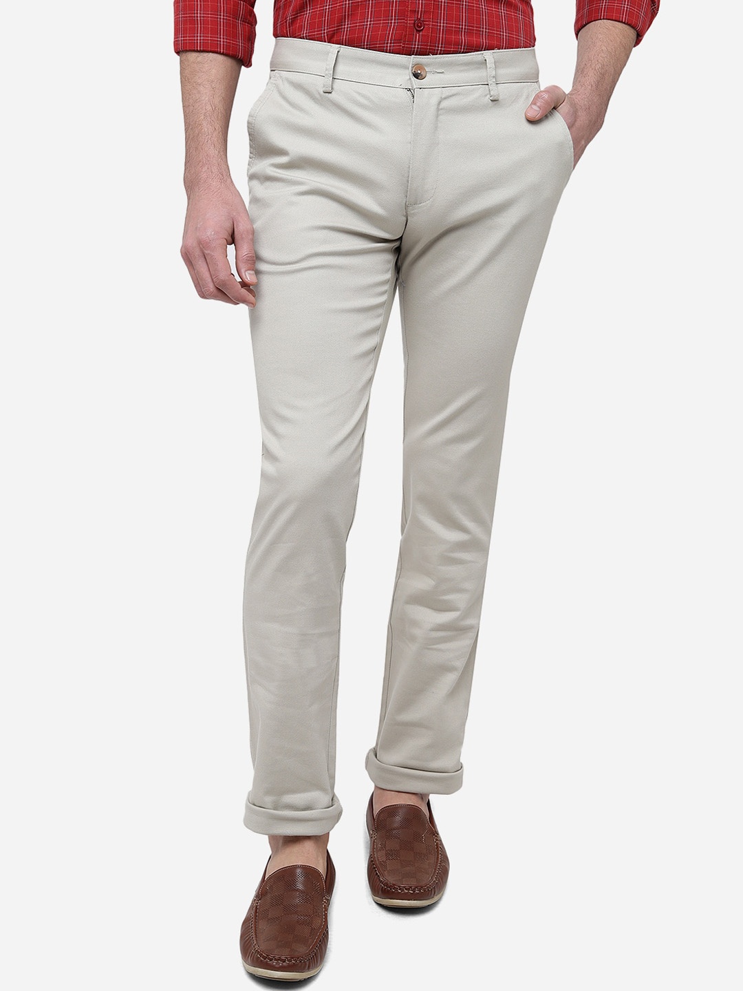 

Greenfibre Men Slim Fit Cotton Casual Trousers, Cream
