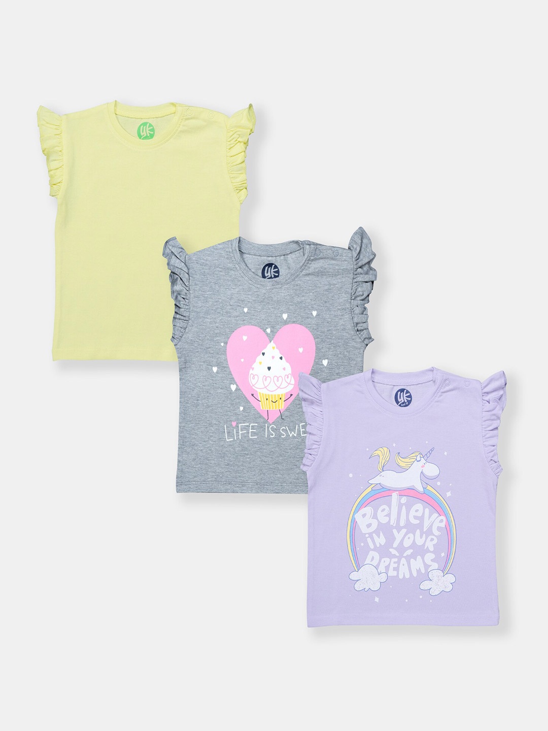 

YK Infants Girls Pack Of 3 Printed Cotton T-shirt, Yellow