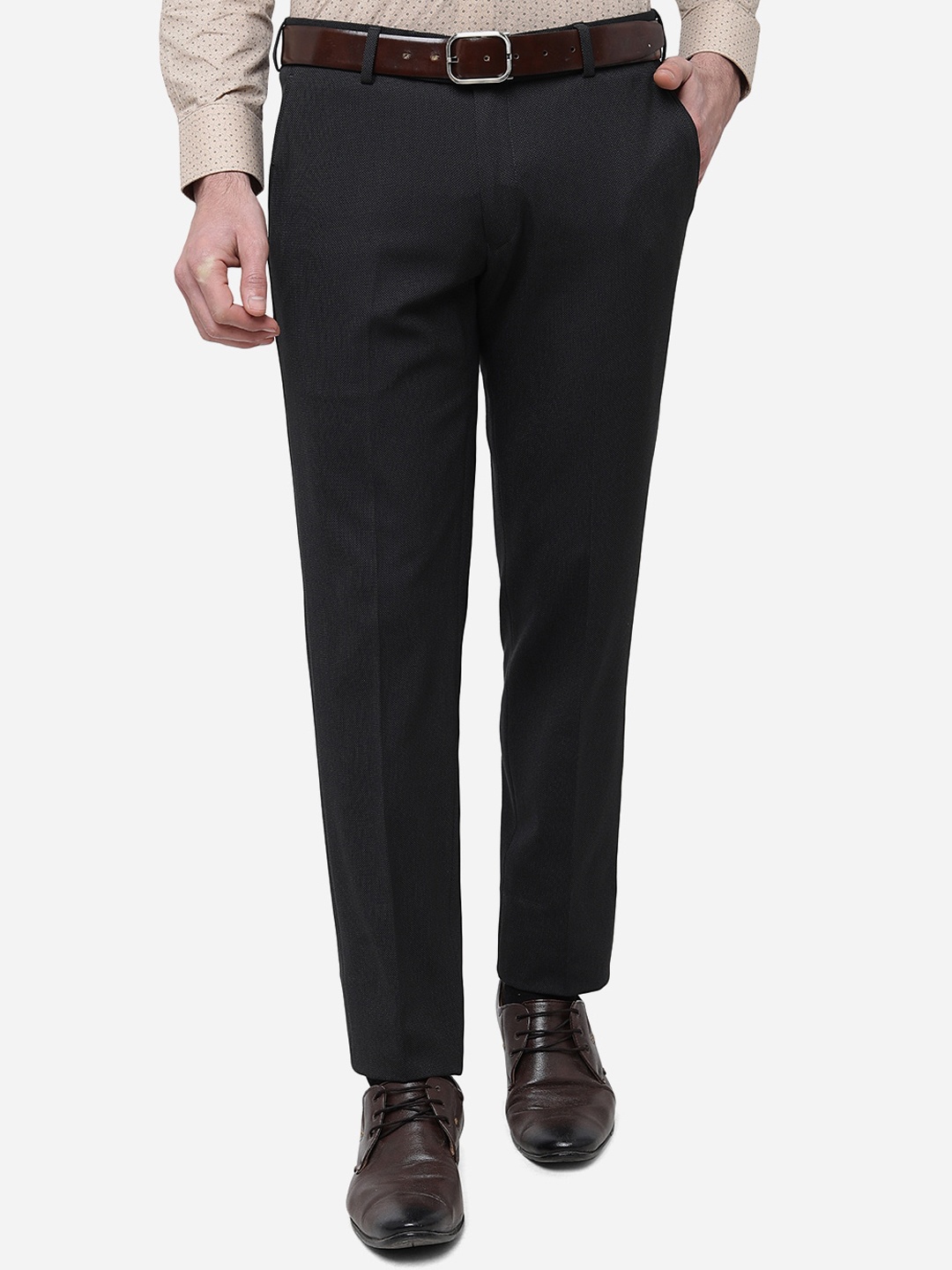 

JADE BLUE Men Self Design Mid Rise Slim Fit Formal Trousers, Charcoal