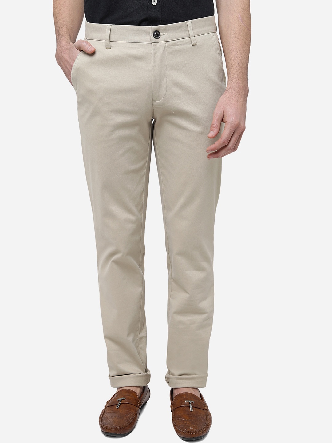 

JADE BLUE Men Mid Rise Pure Cotton Slim Fit Trousers, Beige