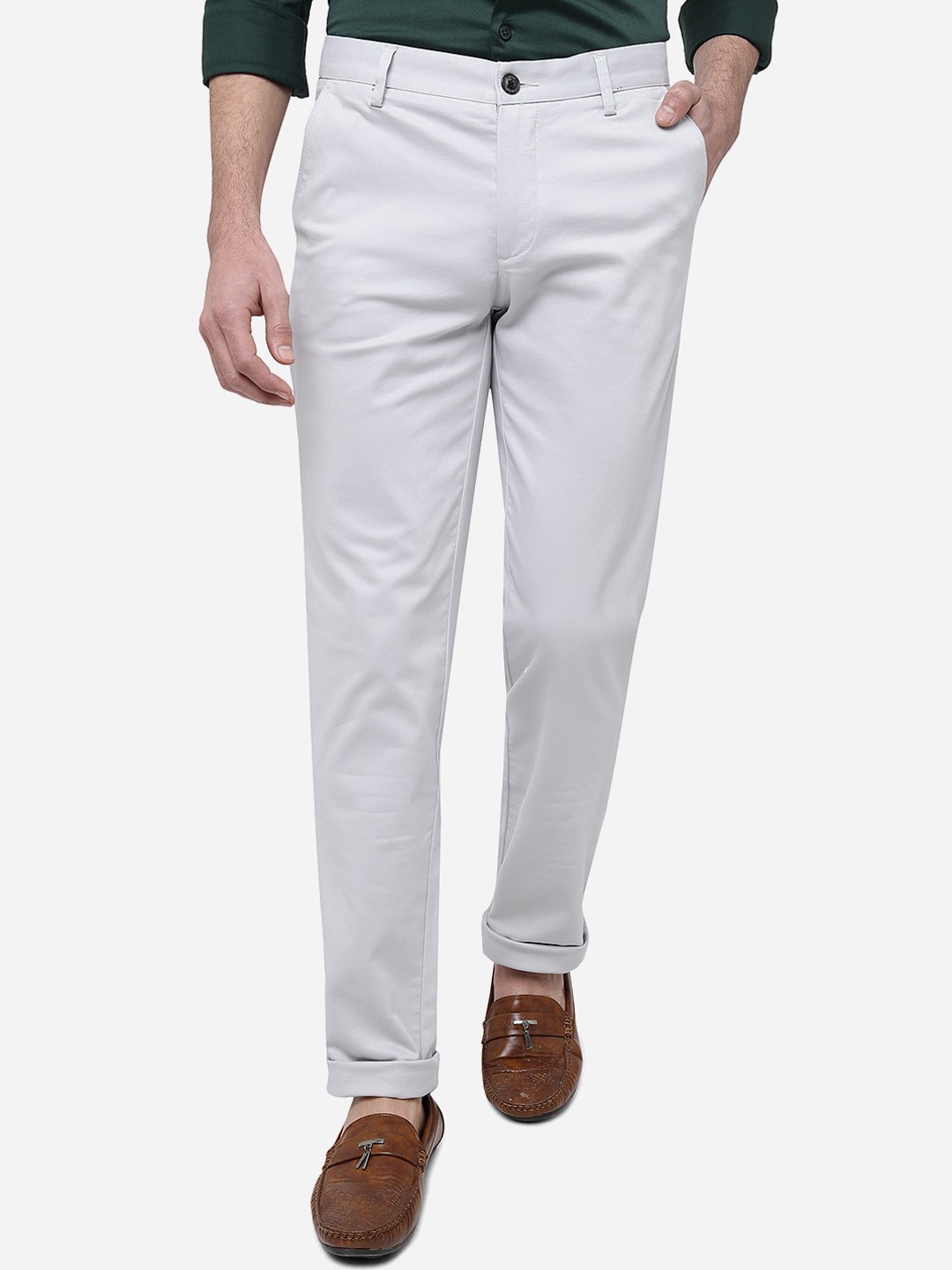 

JADE BLUE Men Cotton Mid-Rise Slim Fit Trousers, Grey