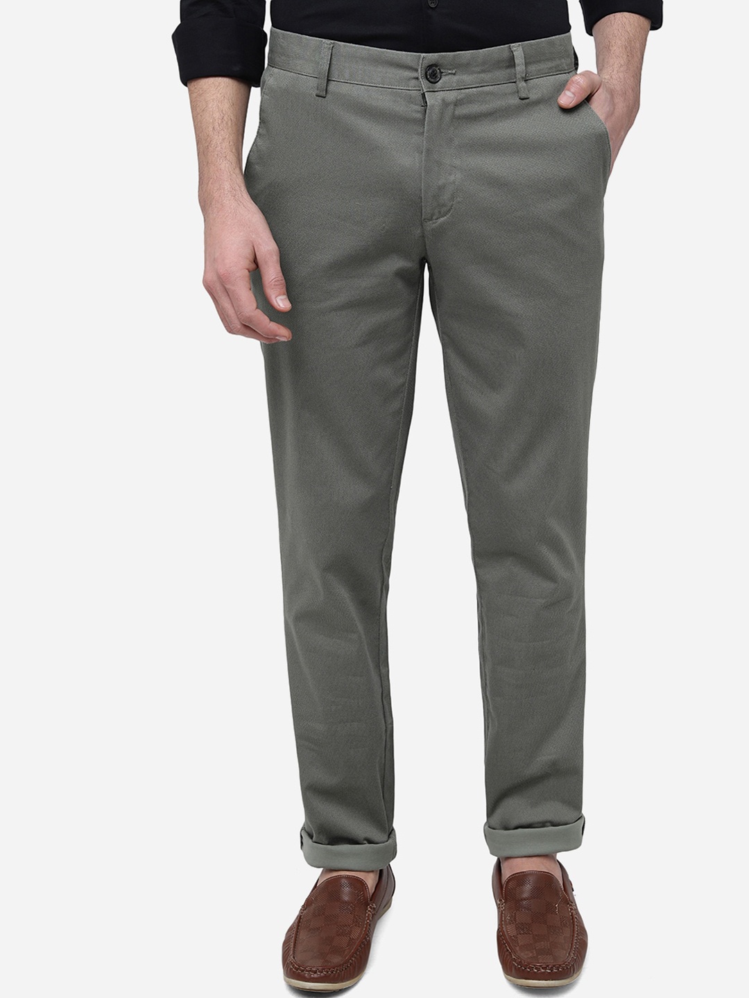 

JADE BLUE Men Mid Rise Pure Cotton Slim Fit Trousers, Green