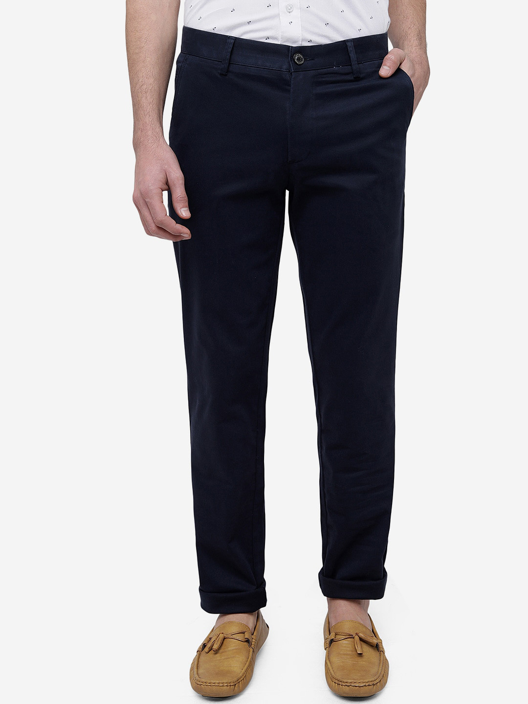 

JADE BLUE Men Pure Cotton Slim Fit Mid-Rise Trousers, Navy blue