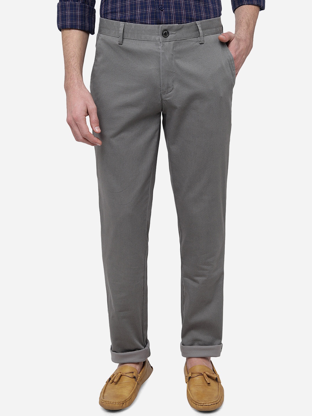 

JADE BLUE Men Slim Fit Mid-Rise Pure Cotton Trousers, Grey