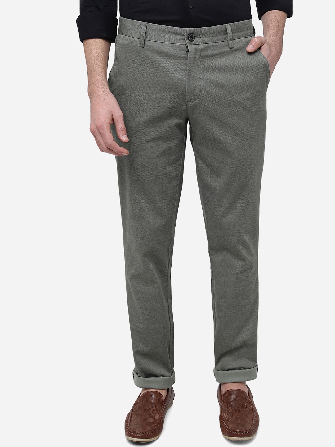 

JADE BLUE Men Mid Rise Pure Cotton Slim Fit Trousers, Olive