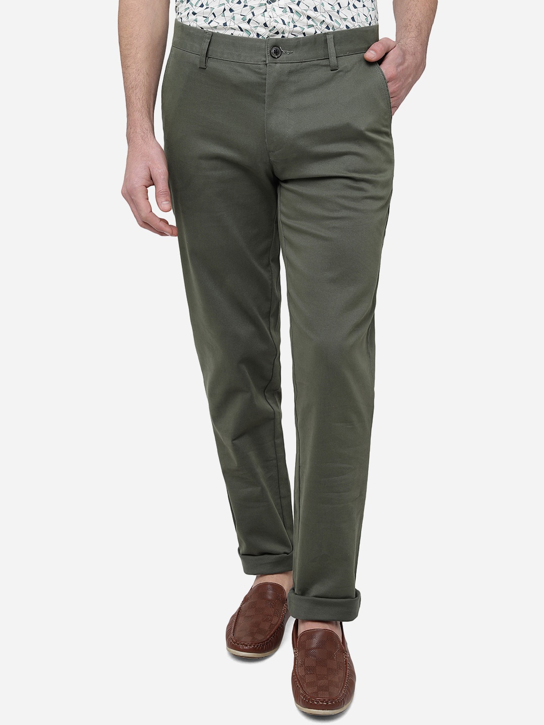 

JADE BLUE Men Mid-Rise Slim Fit Pure Cotton Trousers, Olive