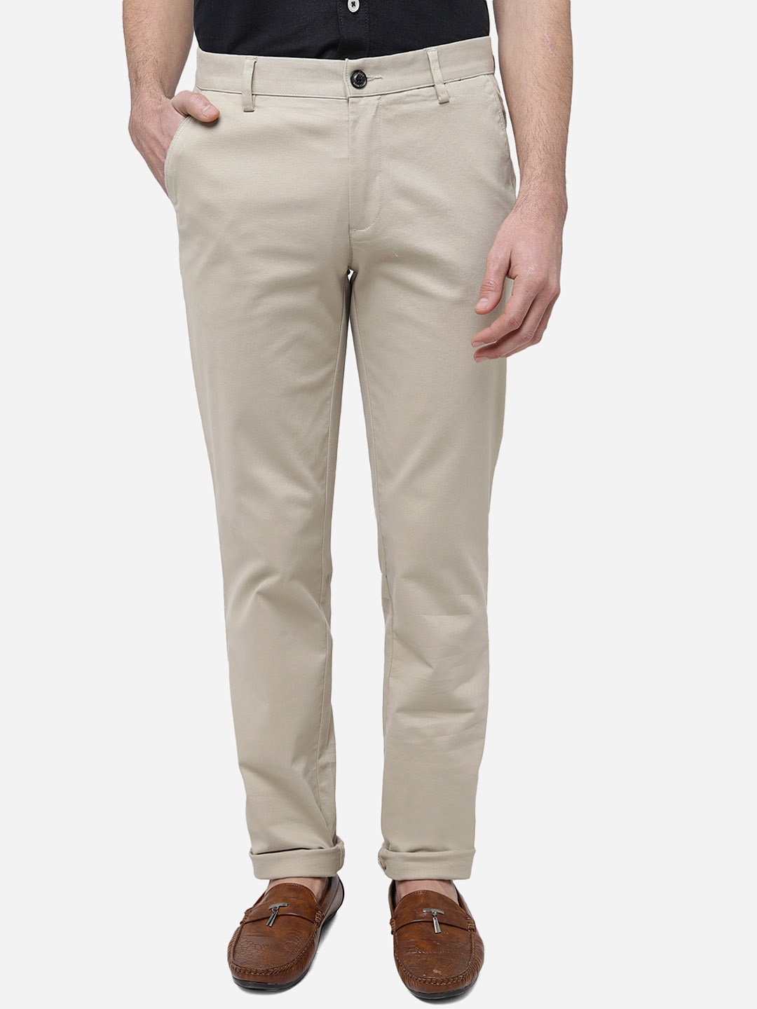 

JADE BLUE Men Slim Fit Pure Cotton Trousers, Beige