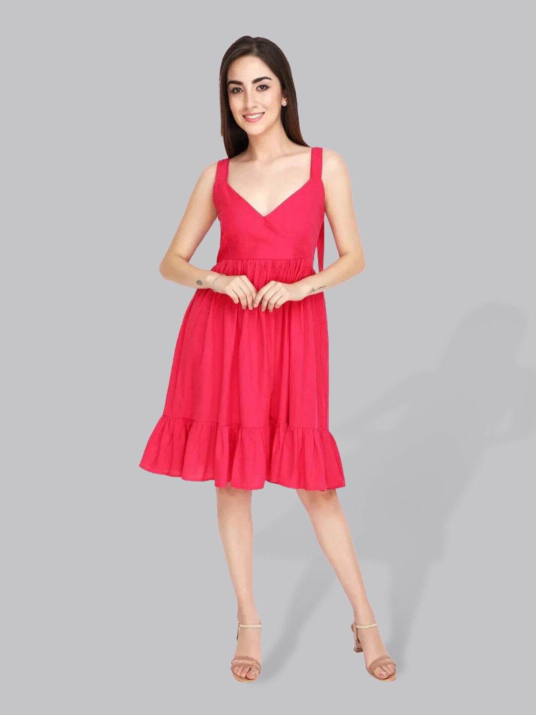 

CUFFS N LASHES V-Neck Flounce Cotton Fit & Flare Dress, Fuchsia