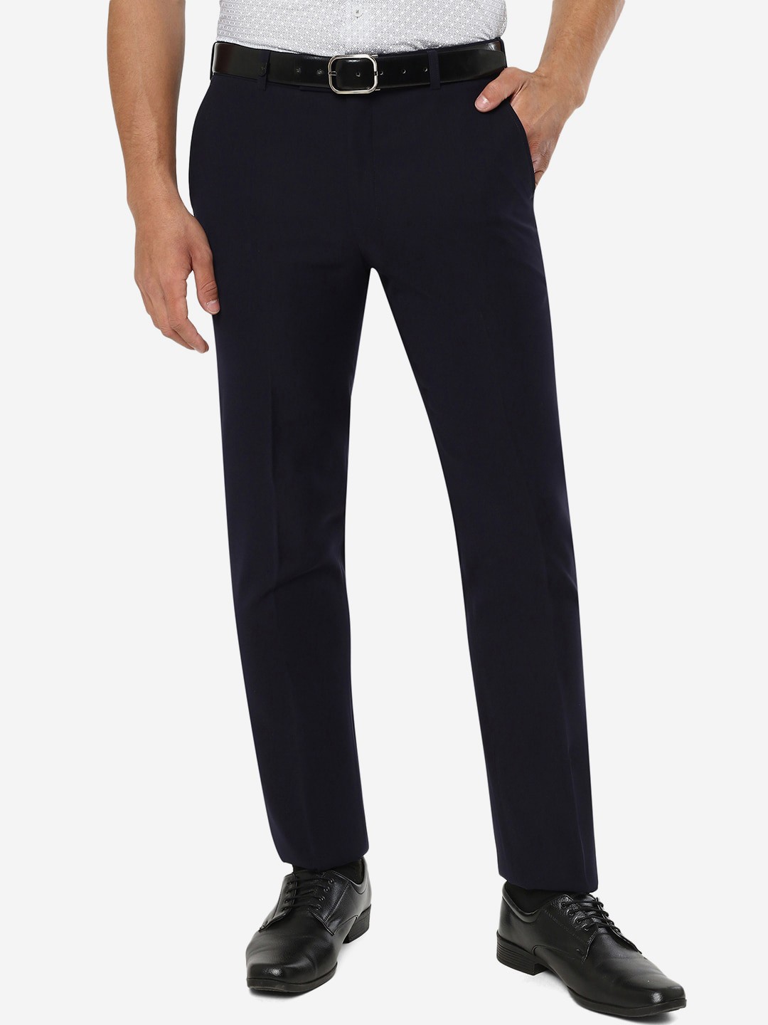 

JB STUDIO Men Slim Fit Mid-Rise Formal Trousers, Navy blue
