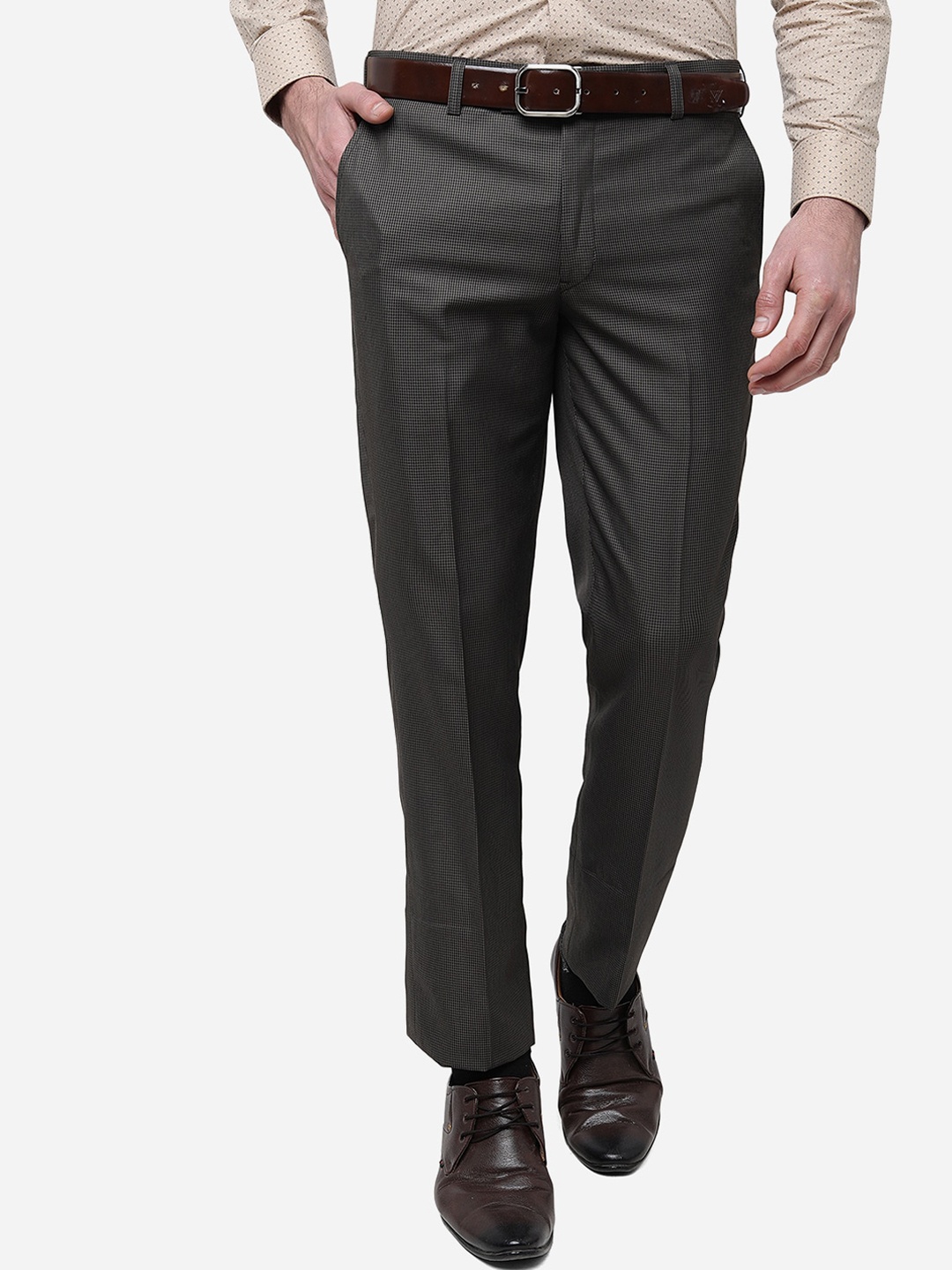 

METAL Men Slim Fit Checked Mid-Rise Formal Trousers, Khaki