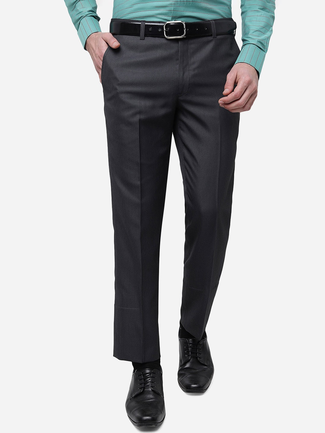 

METAL Men Slim Fit Checked Mid-Rise Formal Trousers, Grey