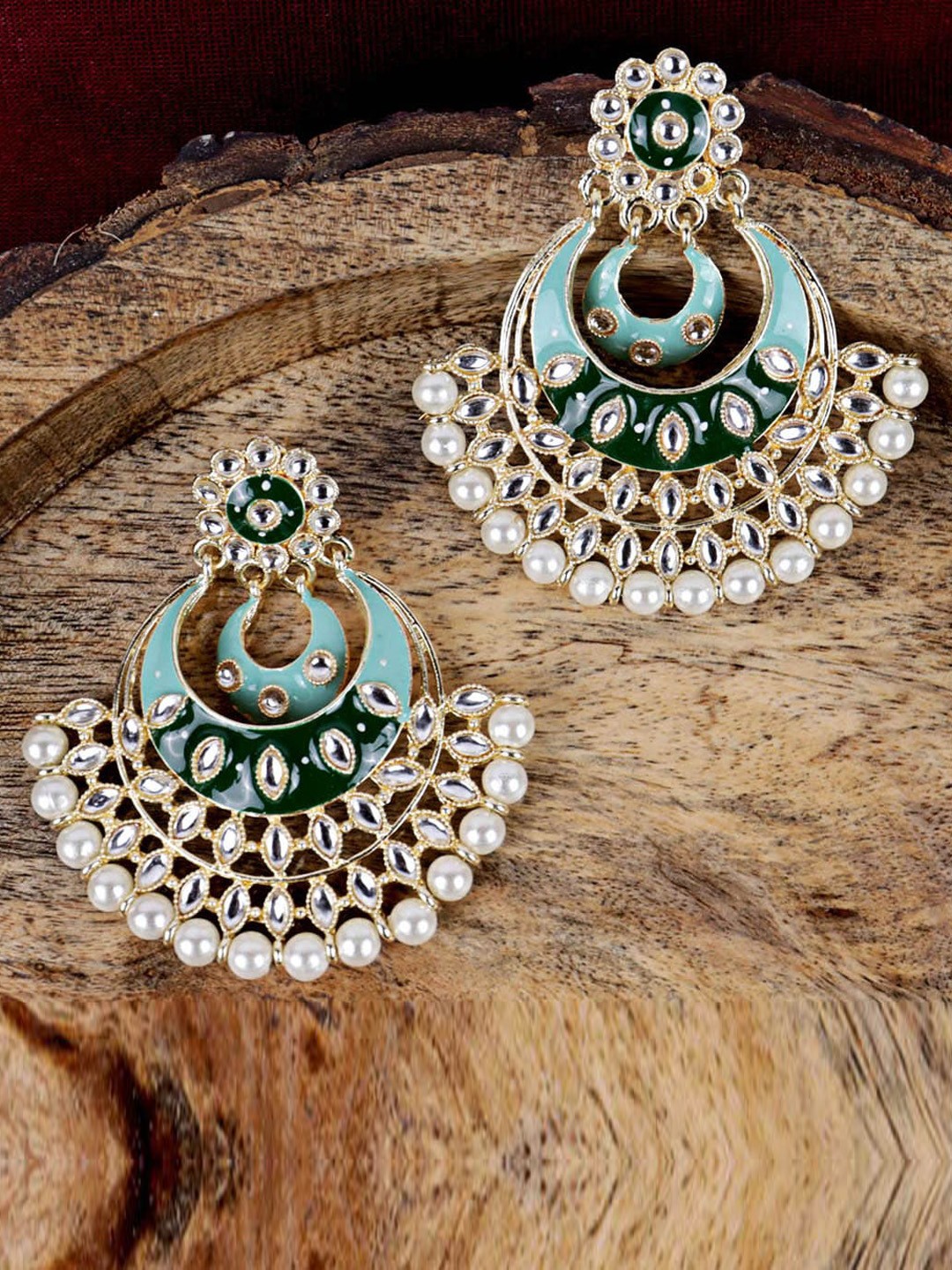 

VAGHBHATT Gold-Plated Kundan Contemporary Chandbalis Earrings, Teal