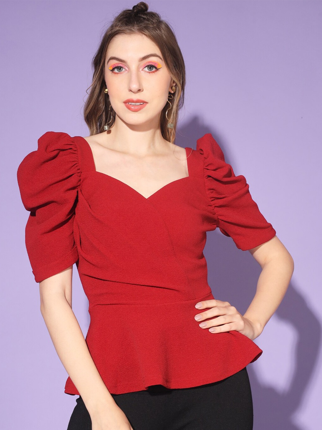 

WoowZerz Sweetheart Neck Peplum Top, Red