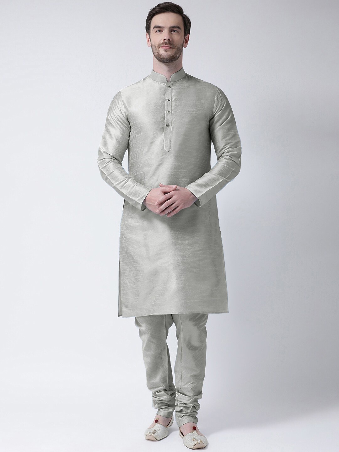 

SG LEMAN Mandarin Collar Raw Silk Kurta with Churidar, Silver