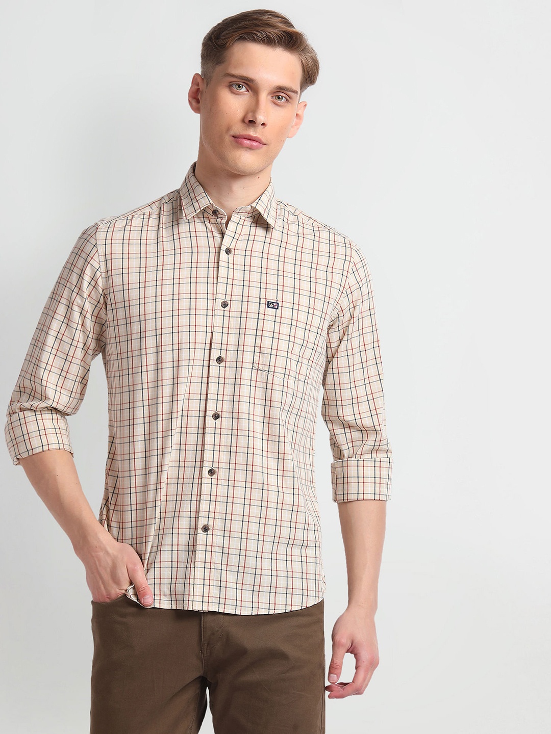

Arrow Sport Men Slim Fit Oxford Graph Checked Casual Cotton Shirt, Beige
