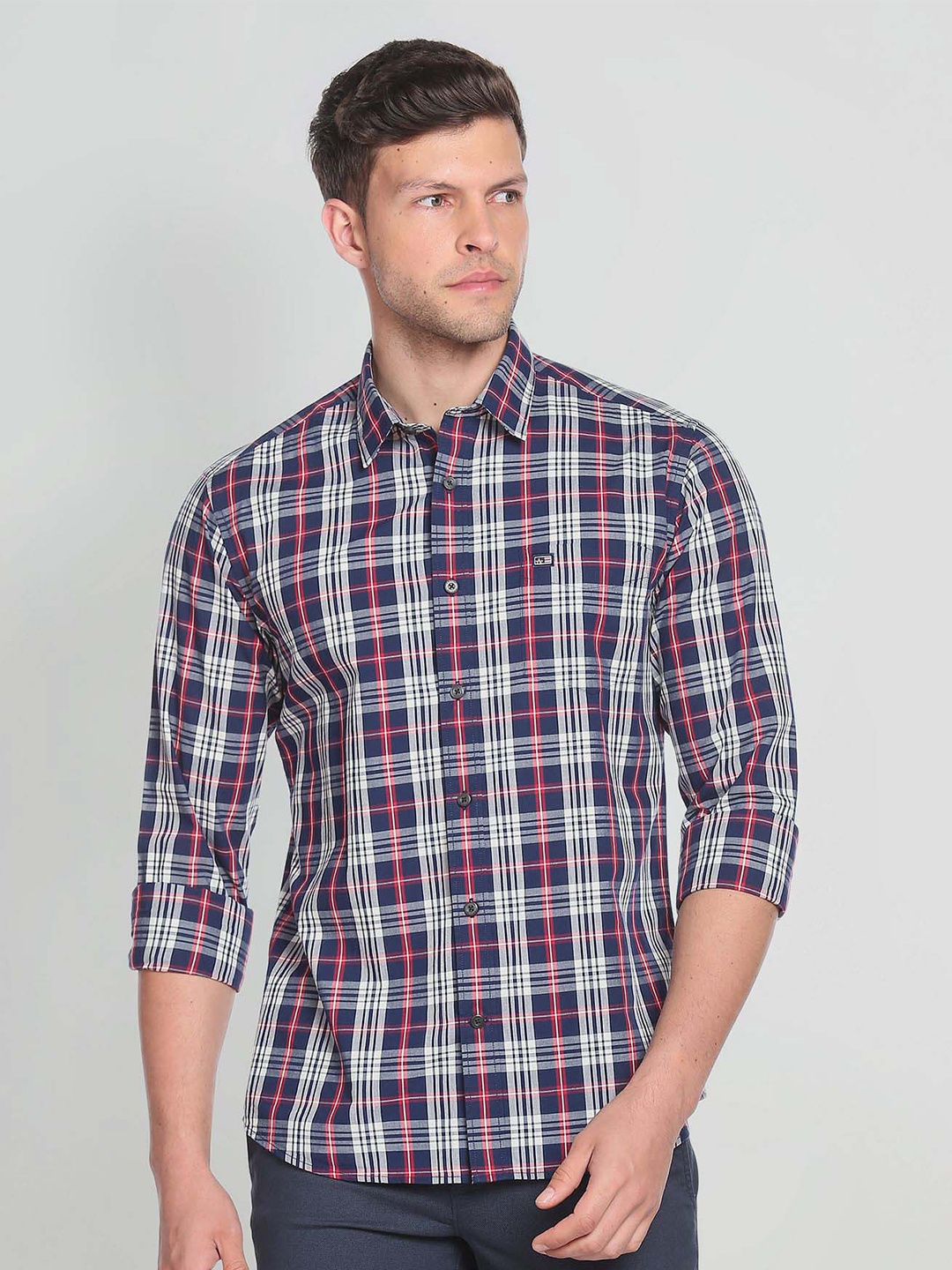 

Arrow Sport Cotton Slim Fit Point Collar Plaid Checked Shirt, Blue