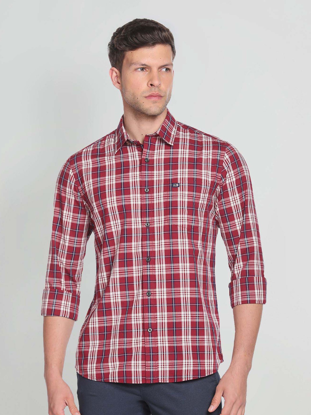 

Arrow Sport Slim Fit Point Collar Plaid Check Cotton Casual Shirt, Red