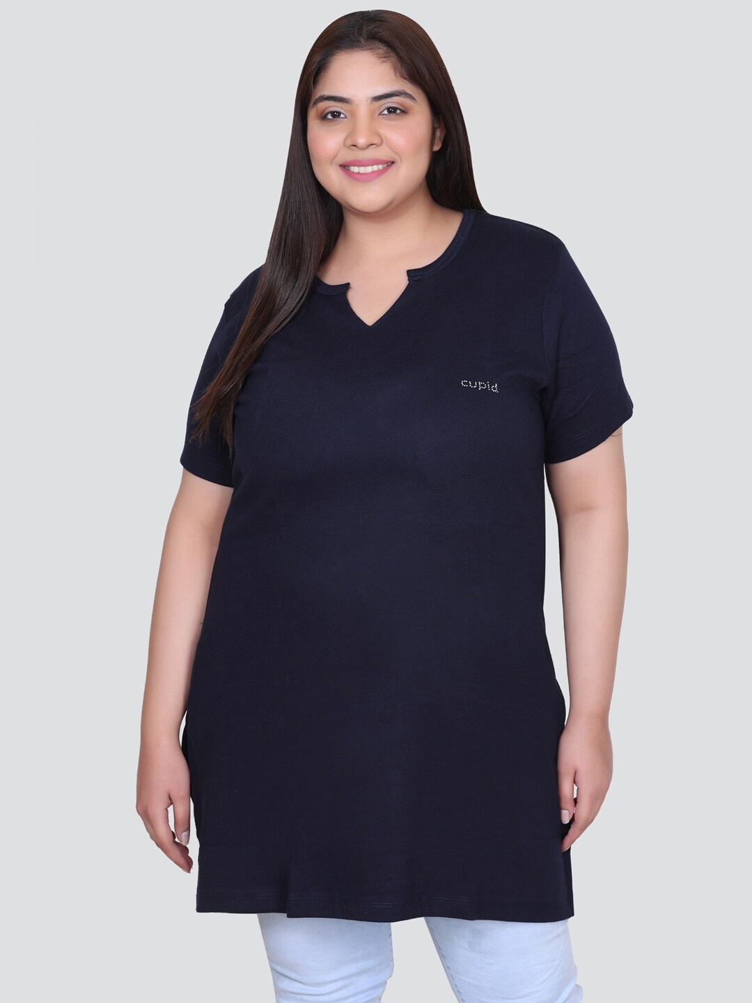 

CUPID Plus Size Notched Neck Longline Top, Navy blue