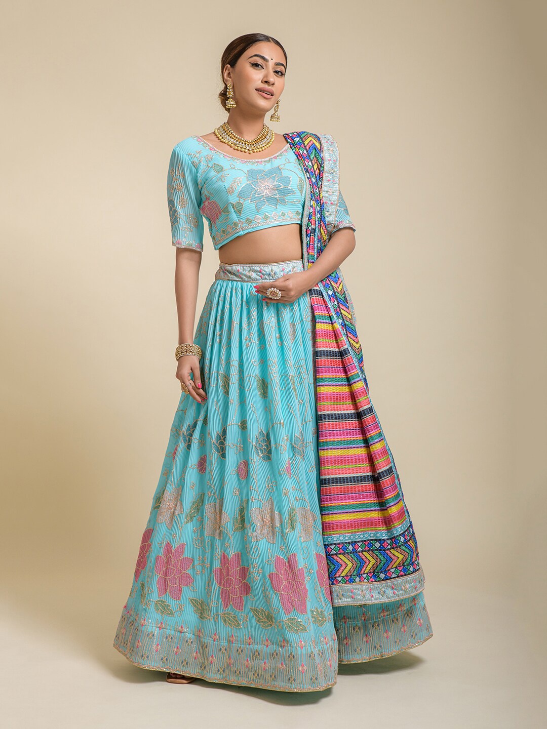 

Lilots Embroidered Semi-Stitched Lehenga & Unstitched Blouse With Dupatta, Blue