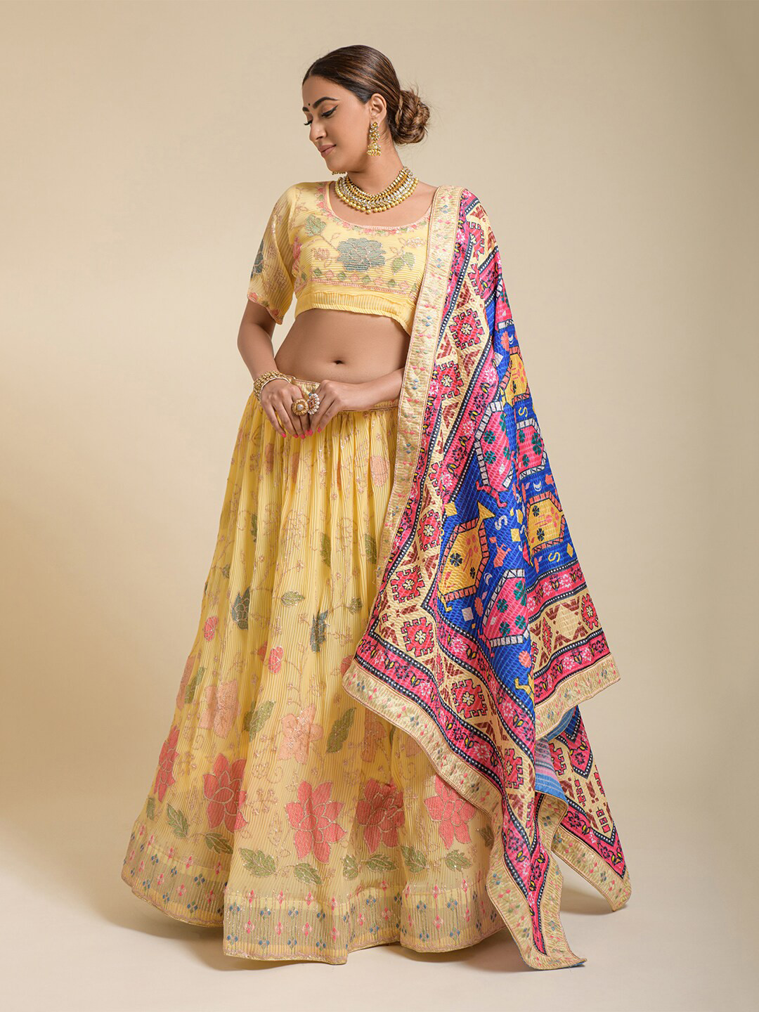 

Lilots Embroidered Semi-Stitched Lehenga & Unstitched Blouse With Dupatta, Yellow
