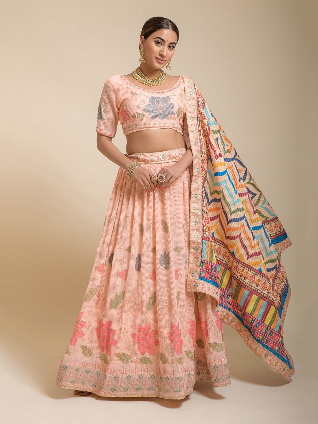 

Lilots Embroidered Semi-Stitched Lehenga & Unstitched Blouse With Dupatta, Peach