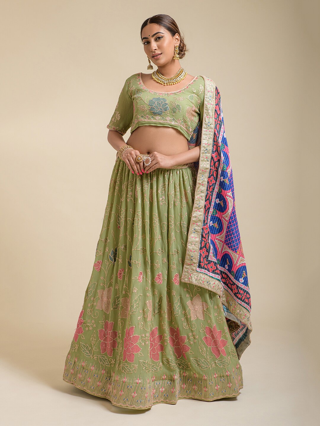 

Lilots Embroidered Semi-Stitched Lehenga & Unstitched Blouse With Dupatta, Green